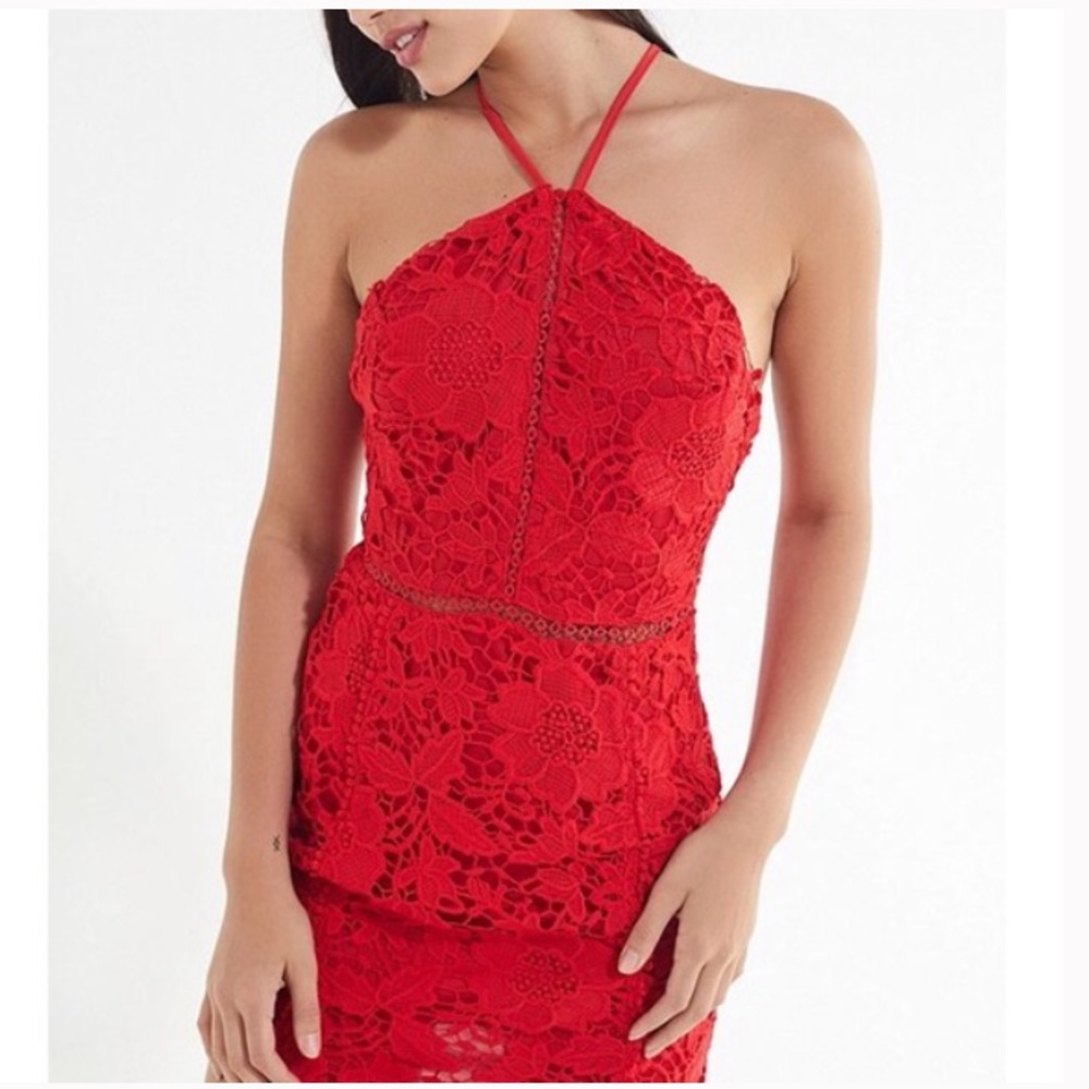 UO Red Lace High-Neck Mini Dress. Large